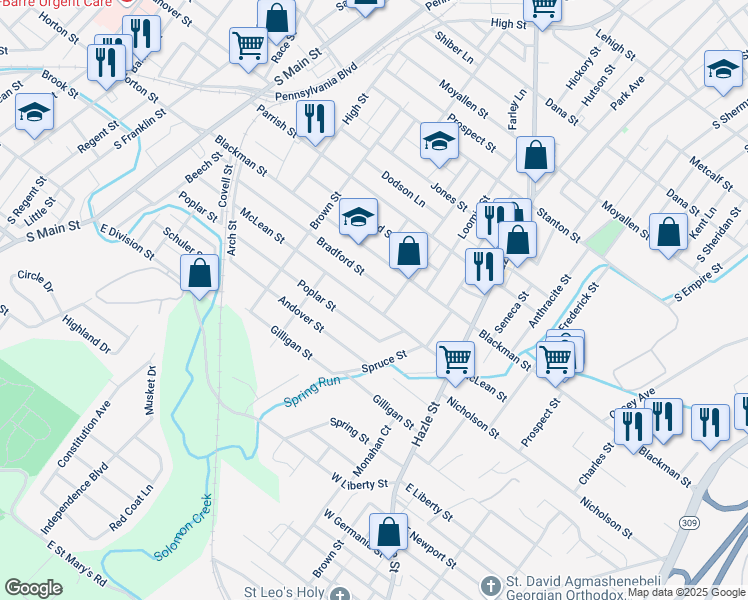 map of restaurants, bars, coffee shops, grocery stores, and more near 25 Mayer Street in Wilkes-Barre