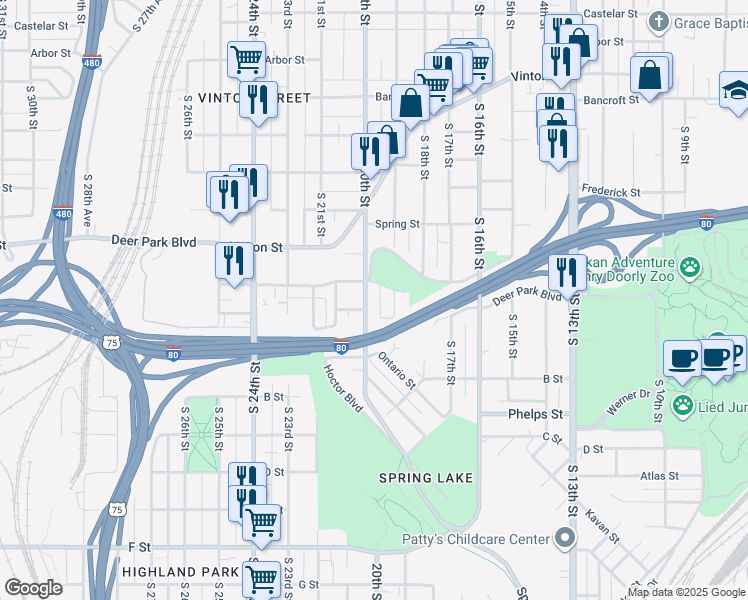 map of restaurants, bars, coffee shops, grocery stores, and more near 3322 South 19th Street in Omaha