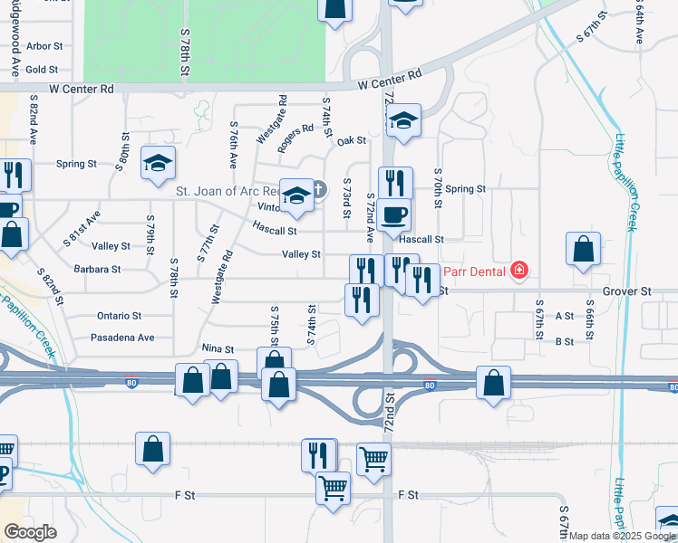 map of restaurants, bars, coffee shops, grocery stores, and more near 7264 Grover Street in Omaha