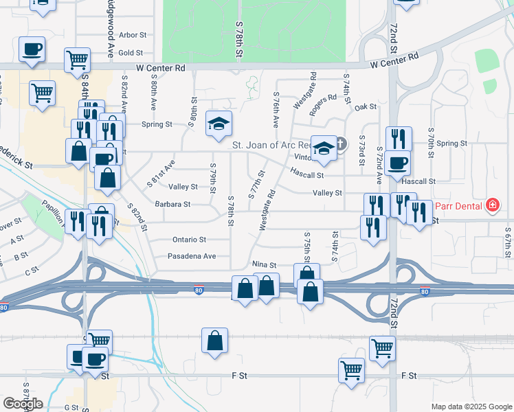 map of restaurants, bars, coffee shops, grocery stores, and more near 7710 Grover Street in Omaha