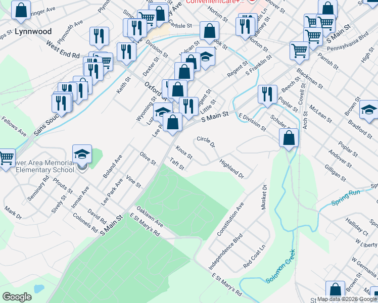 map of restaurants, bars, coffee shops, grocery stores, and more near 44 Knox Street in Wilkes-Barre