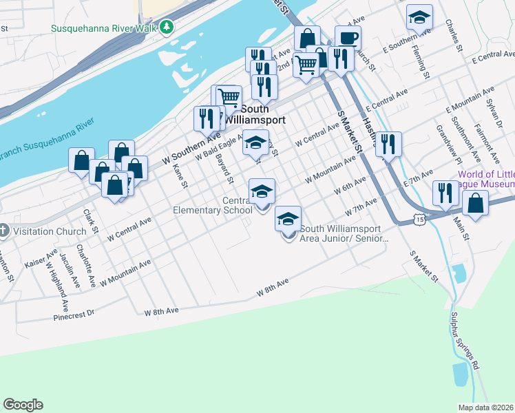 map of restaurants, bars, coffee shops, grocery stores, and more near 600 West Mountain Avenue in South Williamsport