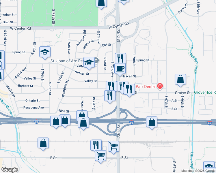 map of restaurants, bars, coffee shops, grocery stores, and more near 7264 Grover Street in Omaha