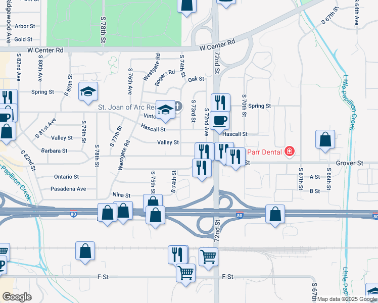 map of restaurants, bars, coffee shops, grocery stores, and more near 7264 Grover Street in Omaha