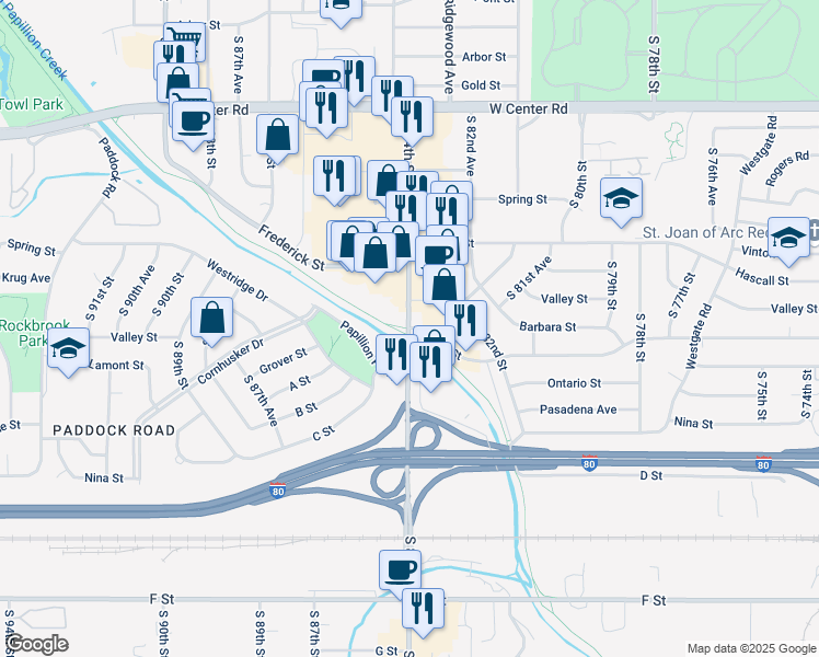 map of restaurants, bars, coffee shops, grocery stores, and more near South 84th Street & Grover Street in Omaha