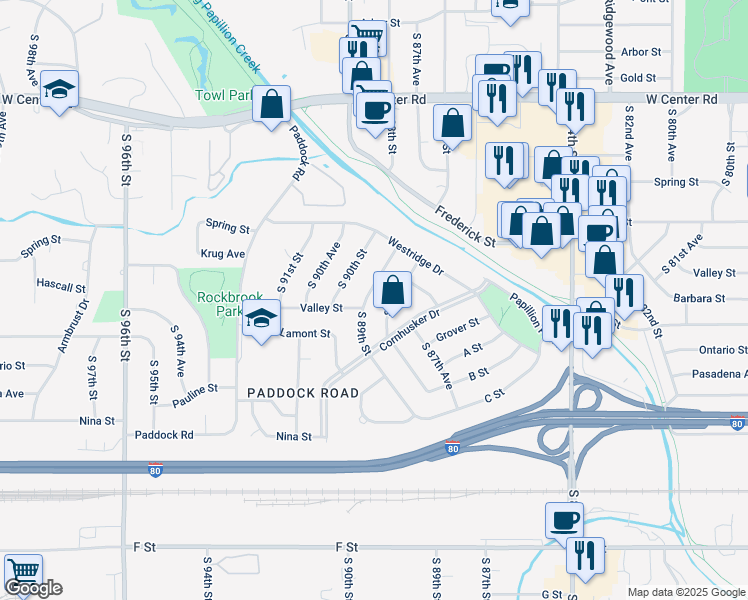 map of restaurants, bars, coffee shops, grocery stores, and more near 3426 South 88th Street in Omaha