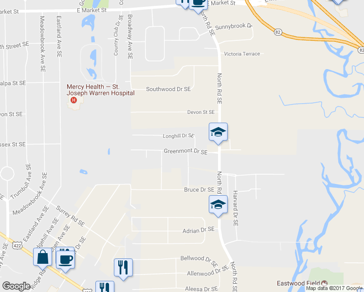 map of restaurants, bars, coffee shops, grocery stores, and more near 4045 Greenmont Drive Southeast in Warren