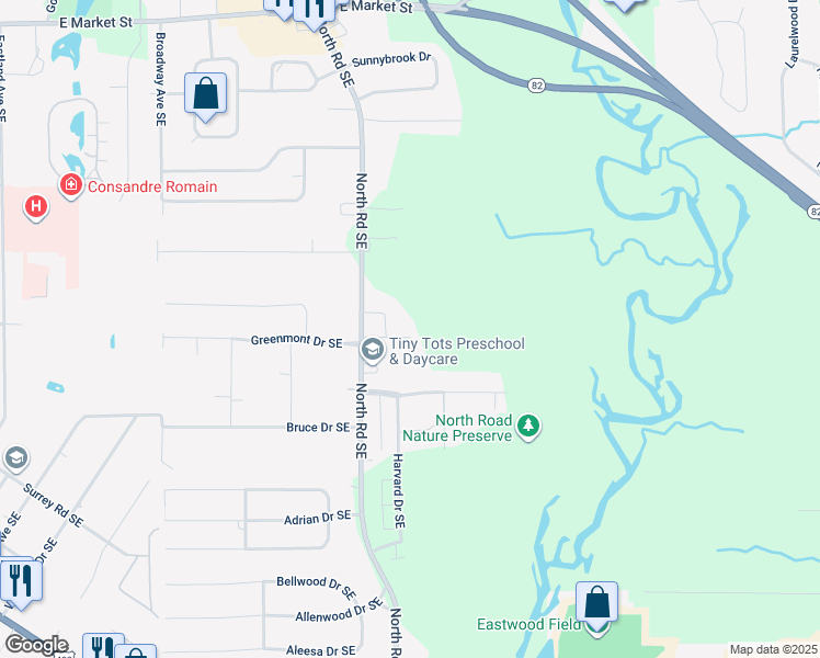 map of restaurants, bars, coffee shops, grocery stores, and more near 863 North Road Southeast in Warren