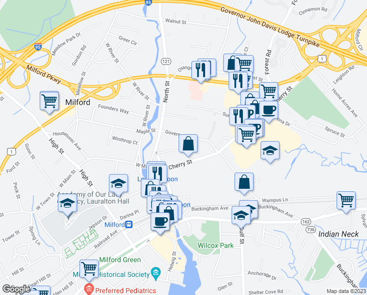 map of restaurants, bars, coffee shops, grocery stores, and more near 35 Plymouth Court in Milford