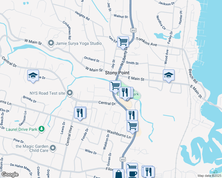 map of restaurants, bars, coffee shops, grocery stores, and more near 2 South Liberty Drive in Stony Point