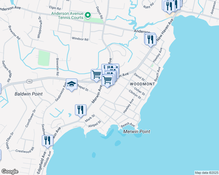 map of restaurants, bars, coffee shops, grocery stores, and more near 1381 New Haven Avenue in Milford