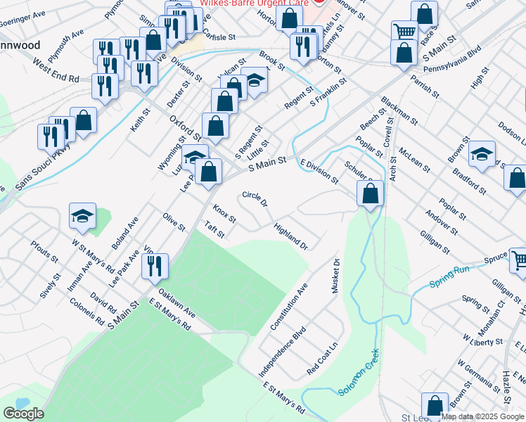 map of restaurants, bars, coffee shops, grocery stores, and more near 29 Circle Drive in Wilkes-Barre
