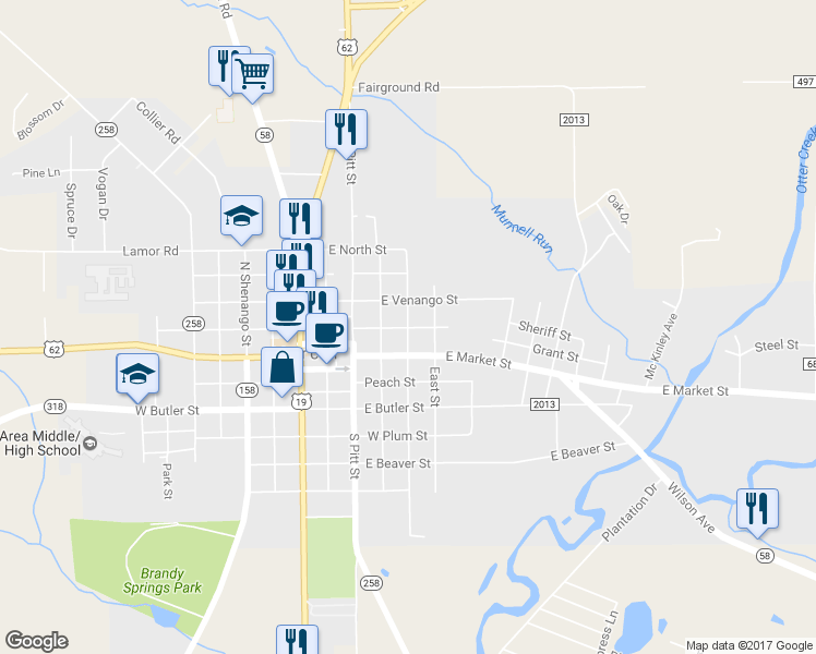 map of restaurants, bars, coffee shops, grocery stores, and more near Gooseberry Street in Mercer
