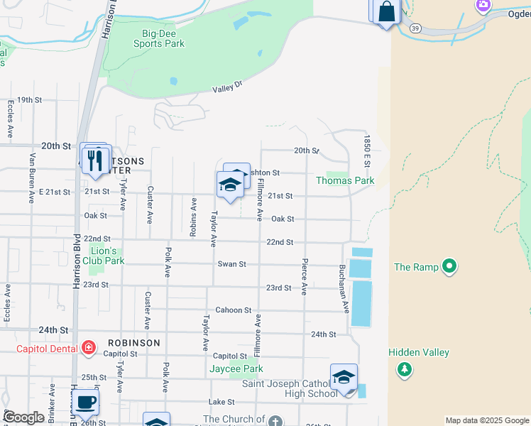 map of restaurants, bars, coffee shops, grocery stores, and more near 1635 Oak Street in Ogden