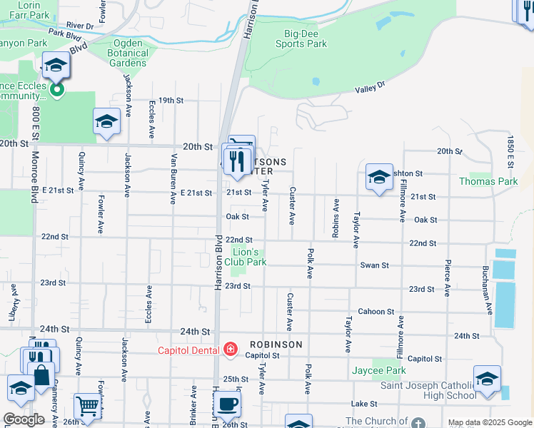 map of restaurants, bars, coffee shops, grocery stores, and more near 2152 Tyler Avenue in Ogden