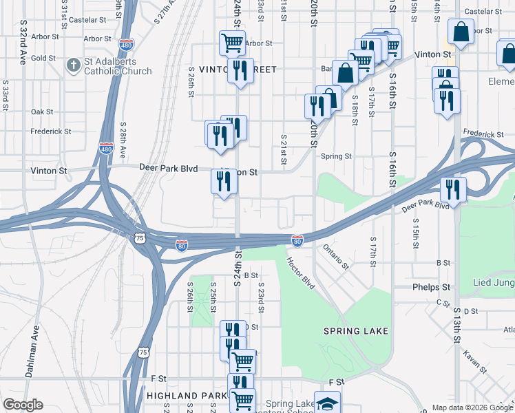 map of restaurants, bars, coffee shops, grocery stores, and more near 2301 Deer Park Boulevard in Omaha