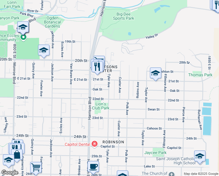 map of restaurants, bars, coffee shops, grocery stores, and more near 2152 Tyler Avenue in Ogden