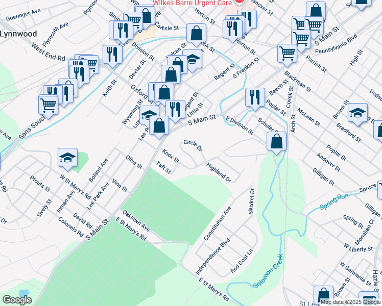 map of restaurants, bars, coffee shops, grocery stores, and more near 3 Circle Drive in Warrior Run