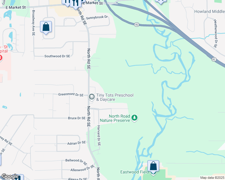 map of restaurants, bars, coffee shops, grocery stores, and more near 863 North Road Southeast in Warren