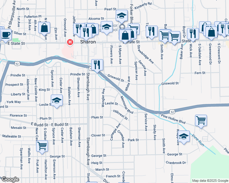 map of restaurants, bars, coffee shops, grocery stores, and more near 1045 Myrtle Place in Sharon