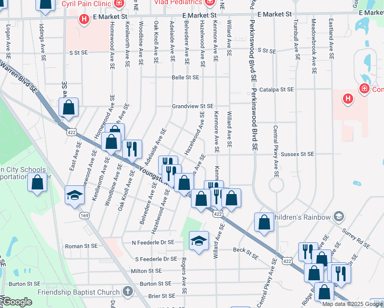 map of restaurants, bars, coffee shops, grocery stores, and more near 1036 Francis Avenue Southeast in Warren