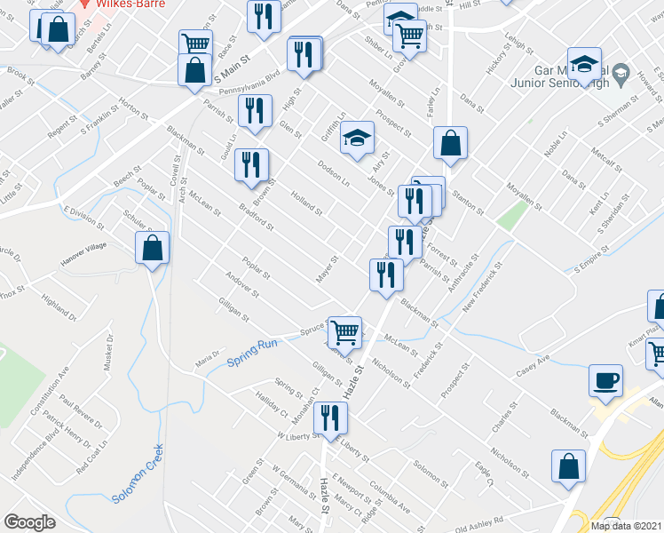 map of restaurants, bars, coffee shops, grocery stores, and more near 20 Mayer Street in Wilkes-Barre