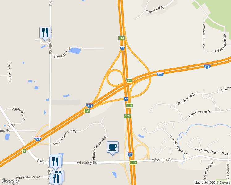 map of restaurants, bars, coffee shops, grocery stores, and more near Interstate 271 in Richfield