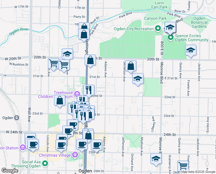 map of restaurants, bars, coffee shops, grocery stores, and more near 2144 Adams Avenue in Ogden