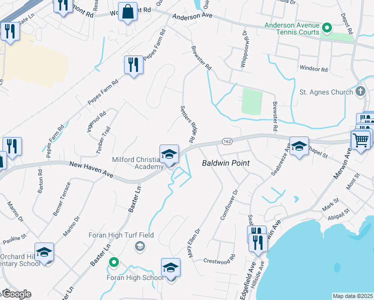 map of restaurants, bars, coffee shops, grocery stores, and more near 1045 New Haven Avenue in Milford