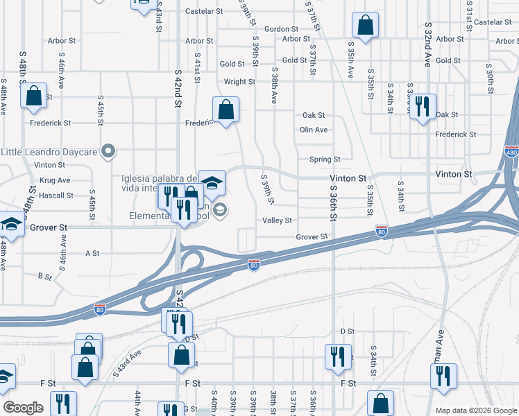 map of restaurants, bars, coffee shops, grocery stores, and more near 3260 South 40th Street in Omaha