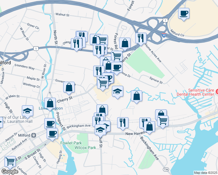 map of restaurants, bars, coffee shops, grocery stores, and more near 155 Cherry Street in Milford