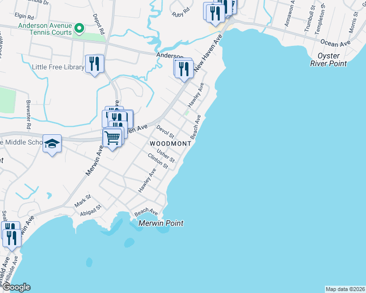 map of restaurants, bars, coffee shops, grocery stores, and more near 51 Beach Shore Drive in Milford