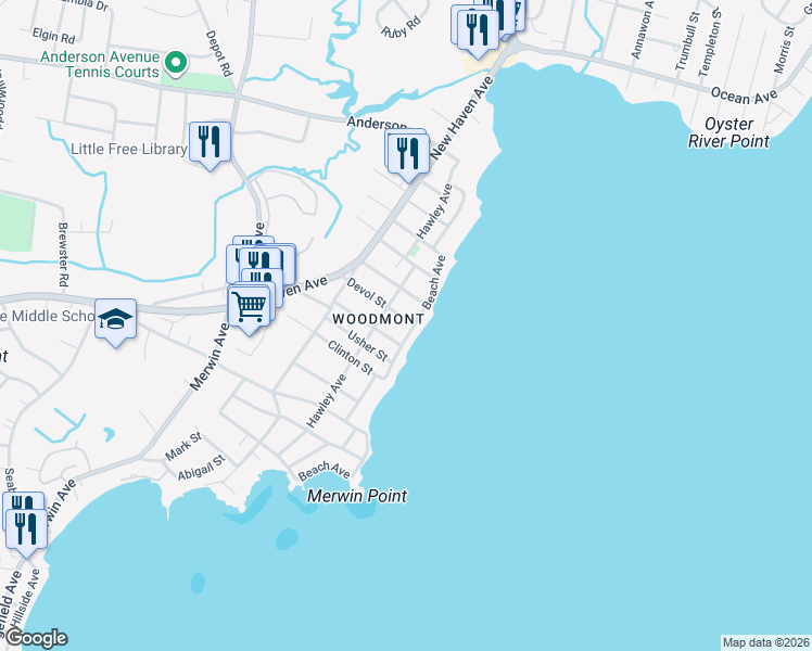map of restaurants, bars, coffee shops, grocery stores, and more near 51 Beach Shore Drive in Milford