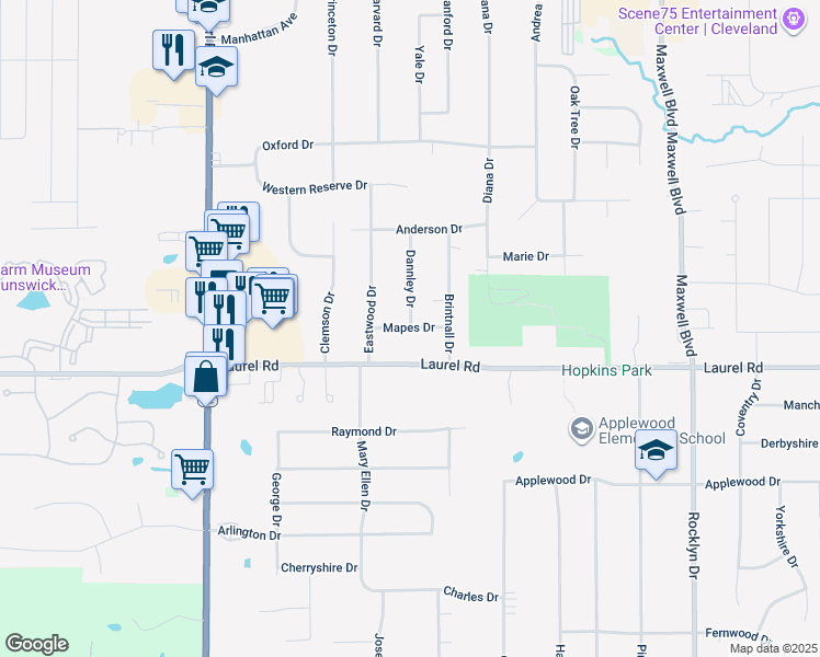 map of restaurants, bars, coffee shops, grocery stores, and more near 4100 Mapes Drive in Brunswick