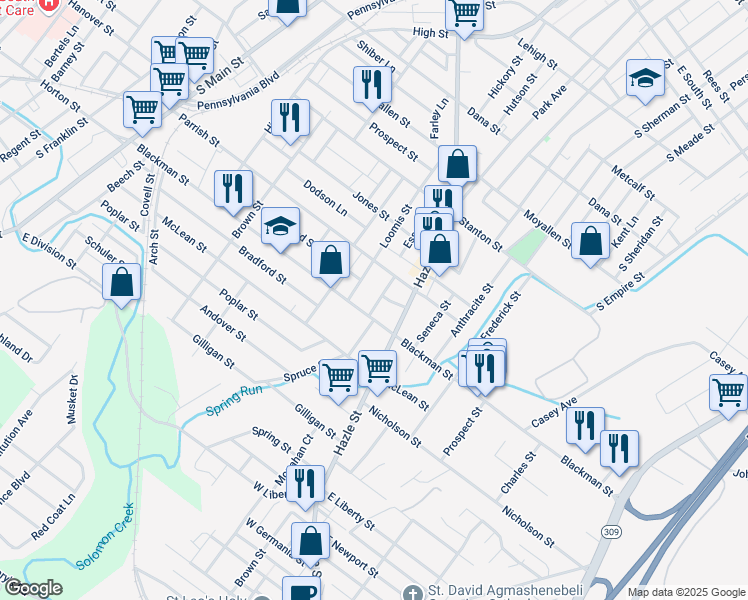 map of restaurants, bars, coffee shops, grocery stores, and more near 33 Hughes Street in Wilkes-Barre