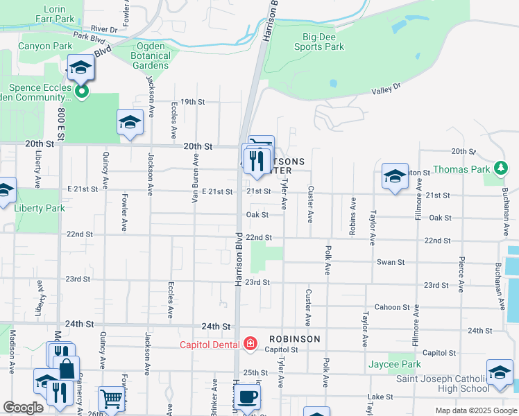 map of restaurants, bars, coffee shops, grocery stores, and more near 1249 Oak Street in Ogden