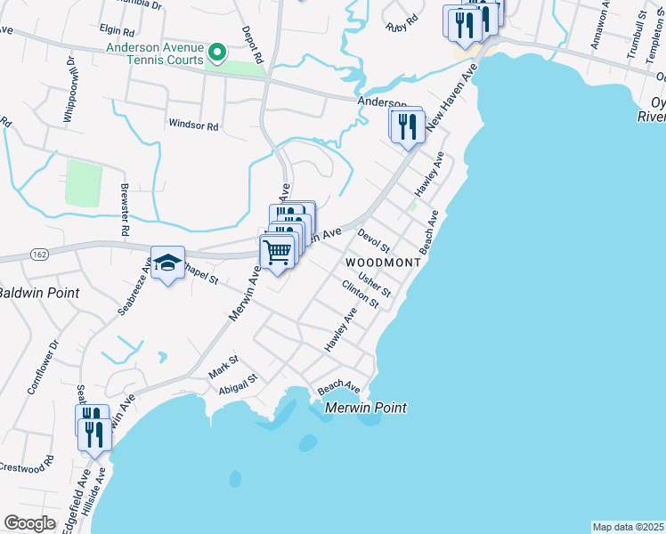 map of restaurants, bars, coffee shops, grocery stores, and more near 118 Kings Highway in Milford