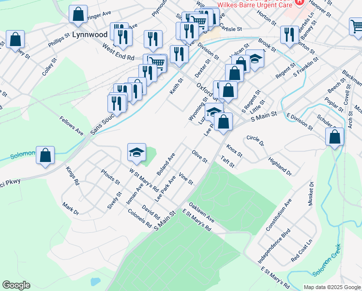 map of restaurants, bars, coffee shops, grocery stores, and more near 210 Lee Park Avenue in Wilkes-Barre