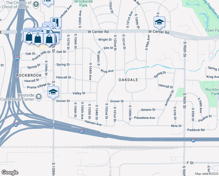 map of restaurants, bars, coffee shops, grocery stores, and more near 3512 South 102nd Street in Omaha