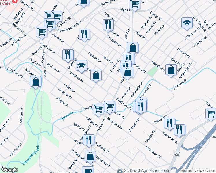 map of restaurants, bars, coffee shops, grocery stores, and more near 33 Hughes Street in Wilkes-Barre