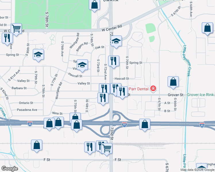 map of restaurants, bars, coffee shops, grocery stores, and more near in Omaha