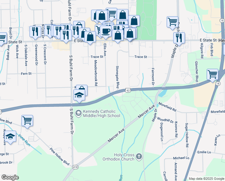 map of restaurants, bars, coffee shops, grocery stores, and more near 2273 Shenango Valley Freeway in Hermitage