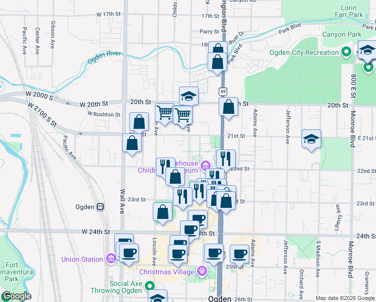 map of restaurants, bars, coffee shops, grocery stores, and more near 2155 Grant Avenue in Ogden