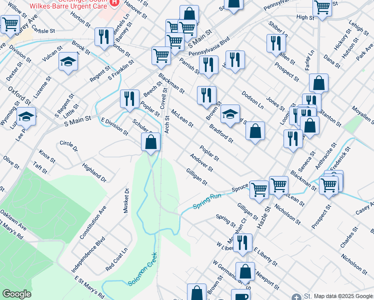 map of restaurants, bars, coffee shops, grocery stores, and more near 221 Andover Street in Wilkes-Barre
