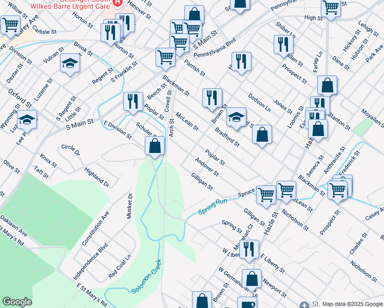 map of restaurants, bars, coffee shops, grocery stores, and more near 262 Brown Street in Wilkes-Barre