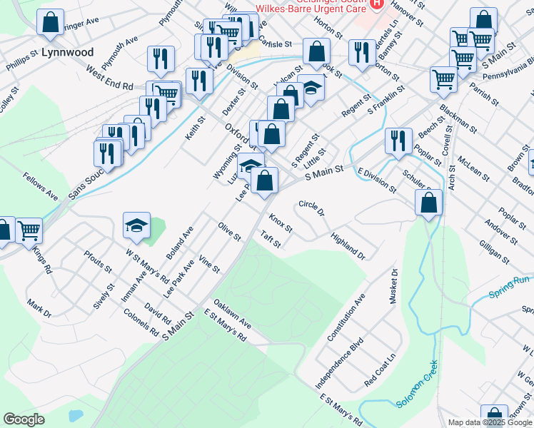 map of restaurants, bars, coffee shops, grocery stores, and more near 1214 South Main Street in Wilkes-Barre