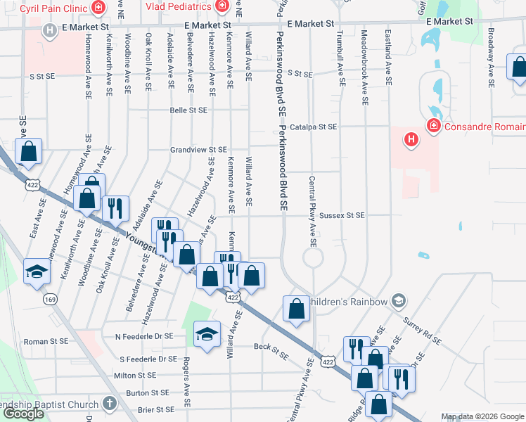 map of restaurants, bars, coffee shops, grocery stores, and more near 2668 Sussex Street Southeast in Warren