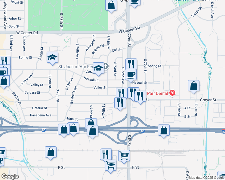 map of restaurants, bars, coffee shops, grocery stores, and more near 7264 Grover Street in Omaha