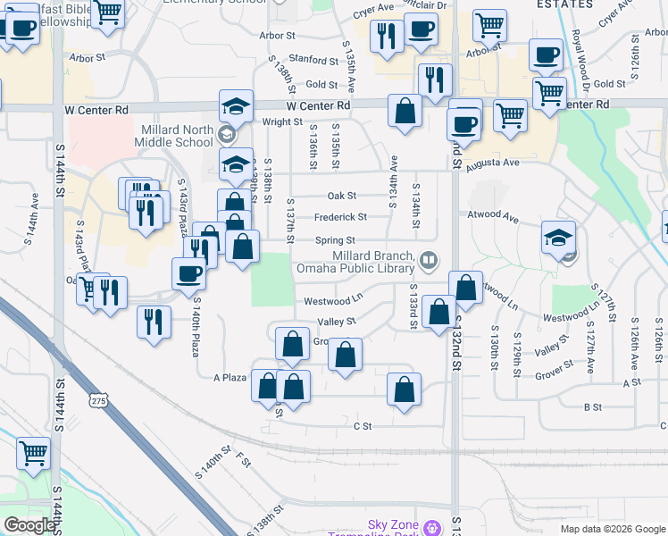 map of restaurants, bars, coffee shops, grocery stores, and more near 13621 Hascall Street in Omaha