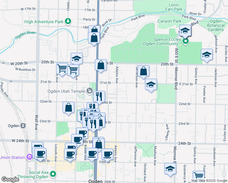 map of restaurants, bars, coffee shops, grocery stores, and more near 2166 Oak Street in Ogden